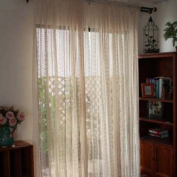 Qfdian Rustic Crochet Curtains Living Room Vintage Farmhouse Knitted Boho Beige Rod Pocket Drapes Tassel Curtain for Bedroom Home Decor